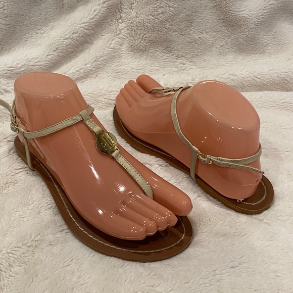 Lauren Ralph Lauren LRL Aina Leather T-Strap Khaki Flat Sandals Size 6.5 VGC - Picture 8 of 10